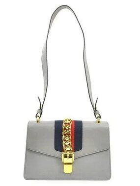 Auth GUCCI Sylvie Small Shoulder Bag Gray Leather/Goldtone - h31494a